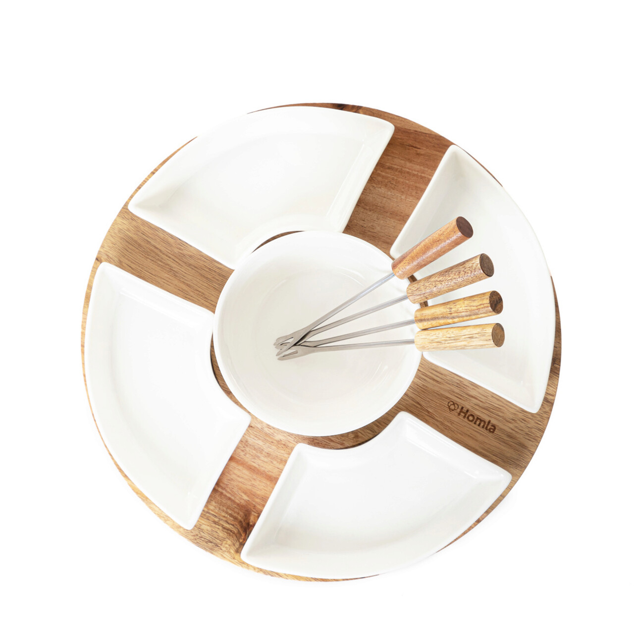 Set servire fondue Mooka, Homla, 27x13 cm, portelan/lemn/inox, alb/natur - 2 | YEO