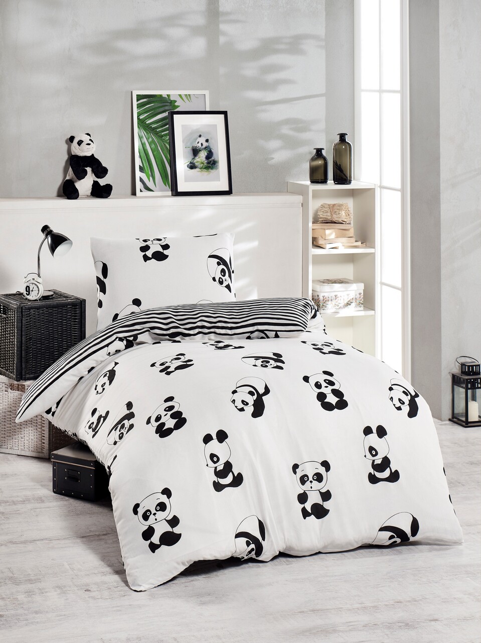 Lenjerie de pat pentru o persoana, 2 piese, 140x200 cm, amestec bumbac, EnLora Home, Panda, negru