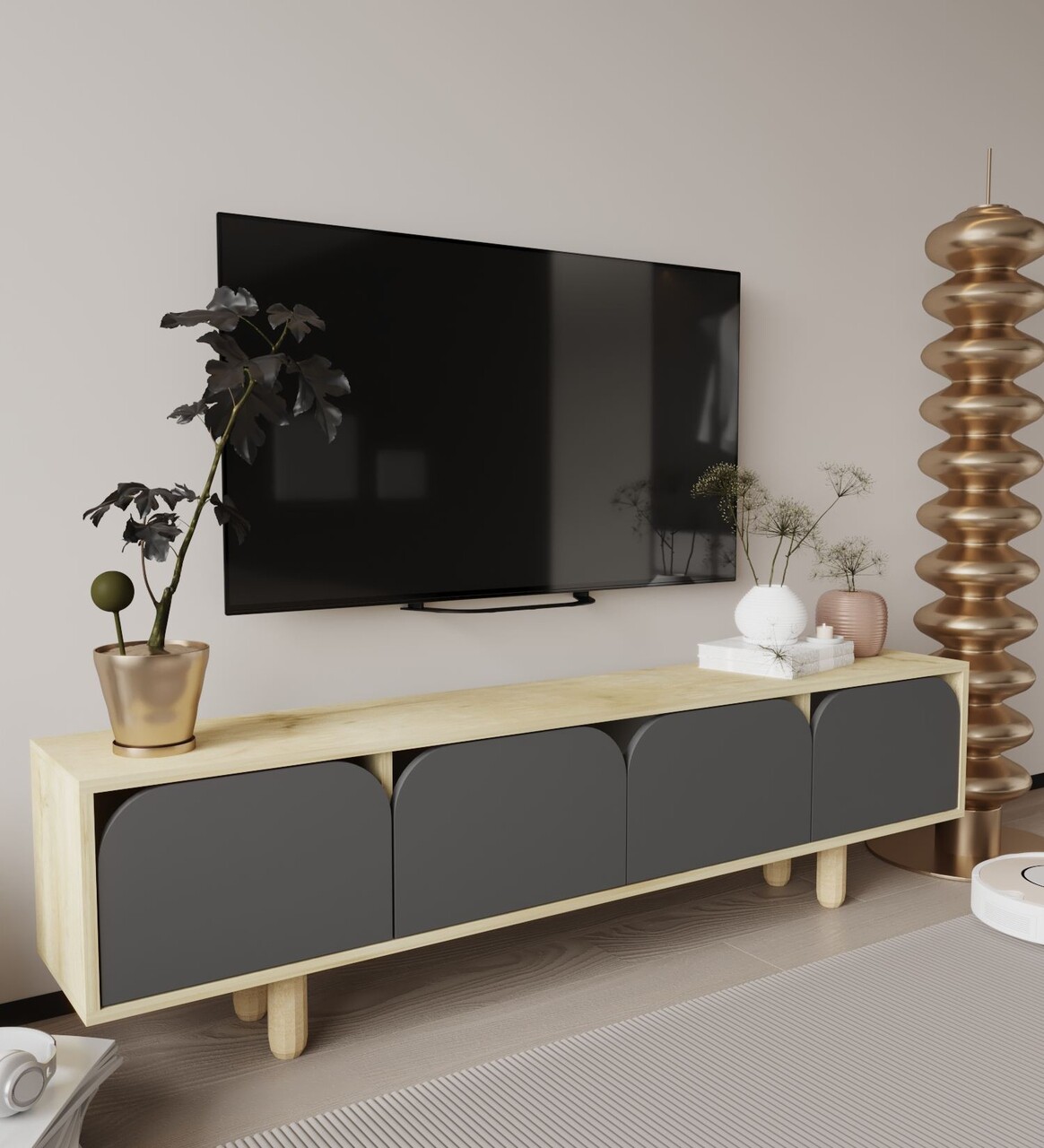 Comoda TV, Hanah Home, Lazio, 180x48x29.8 cm, PAL, Stejar safir / Antracit - imagine 2