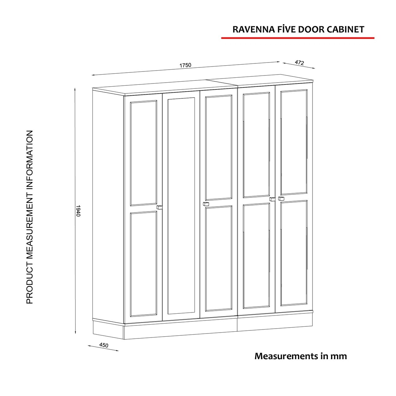 Dulap Pentru Haine Ravenna 5 Kapili White, Talon, 175 X 47.2 X 194 Cm, Alb/auriu