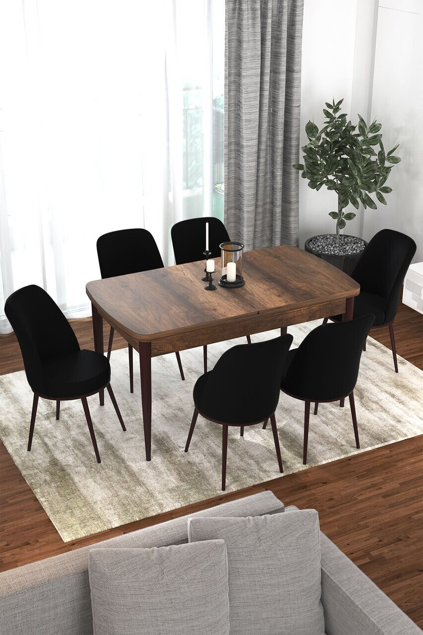 Set masa extensibila si scaune (7 piese), Hanah Home, Kor, Model baroc din lemn / Negru