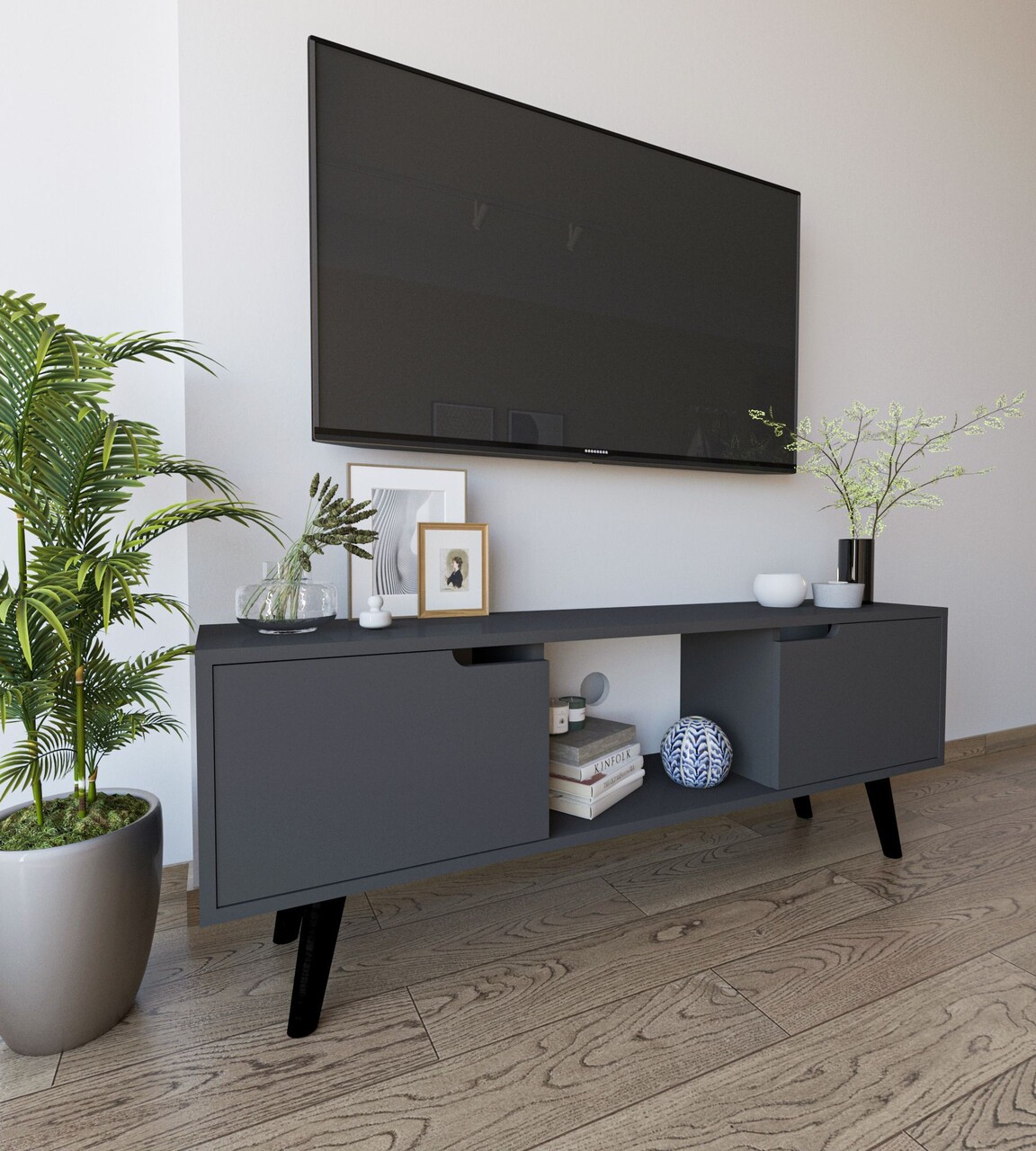 Comoda TV, Hanah Home, Siena, 139.7x53x53 cm, PAL, Antracit - imagine 2