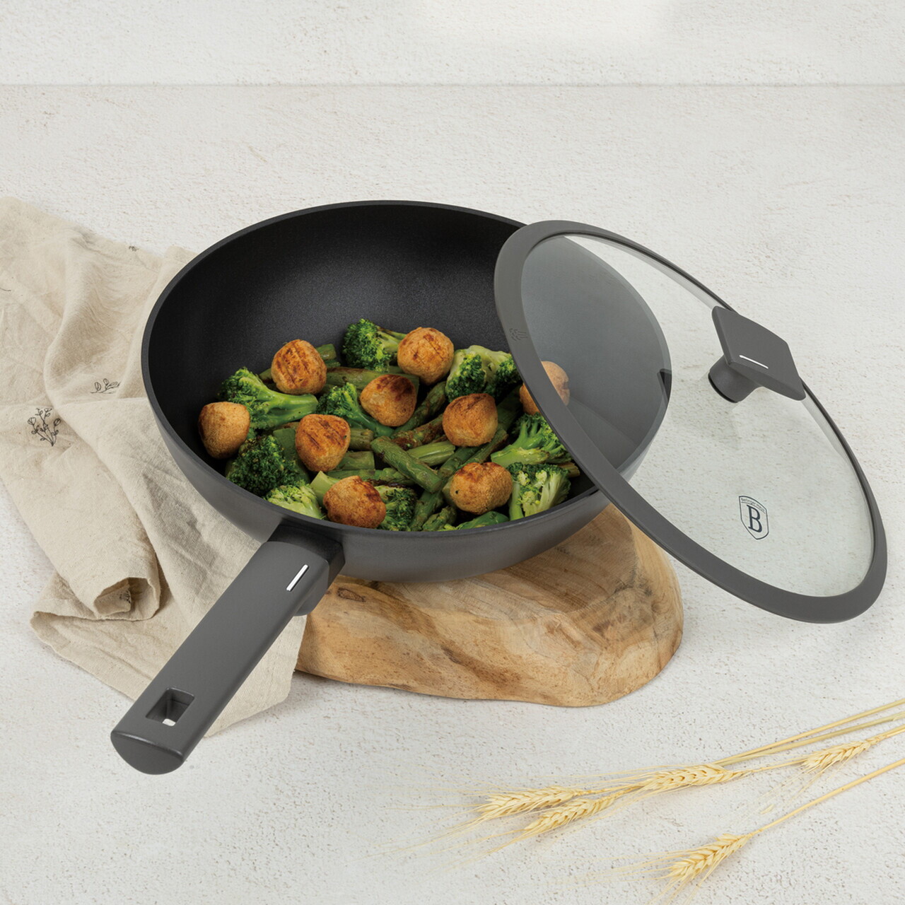 Tigaie Wok cu capac Berlinger Haus, Anthracite, 28 cm, 3.2 L, aluminiu forjat, antracit mat - imagine 2