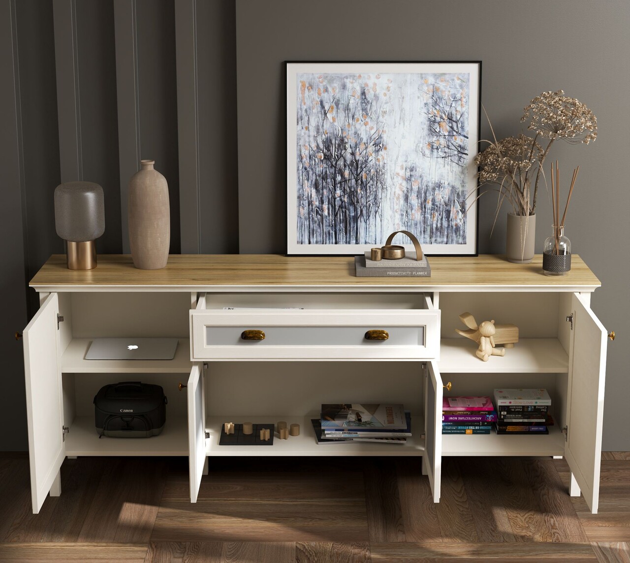 Consola, Hanah Home, FRN-21008, 201.8x82x44.2 cm, PAL, Crem / Stejar / Gri - view 3