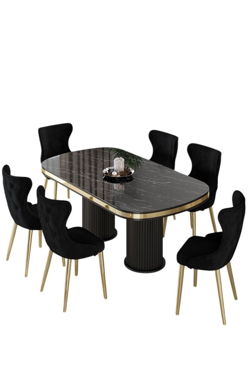 Set masa si scaune (7 piese), Hanah Home, Galya, Model de marmură neagră / Auriu / Negru — imaginea 2