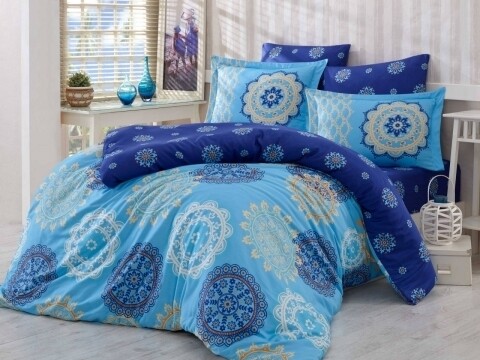 Lenjerie de pat dubla, 6 piese, 240x260 cm, 100% bumbac satinat, Hobby, Ottoman, albastru