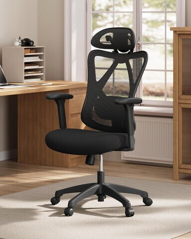 Scaun de birou, Songmics, ergonomic, suport lombar si tetiera reglabile, 70x71x114-124 cm, 150 kg, negru cerneala