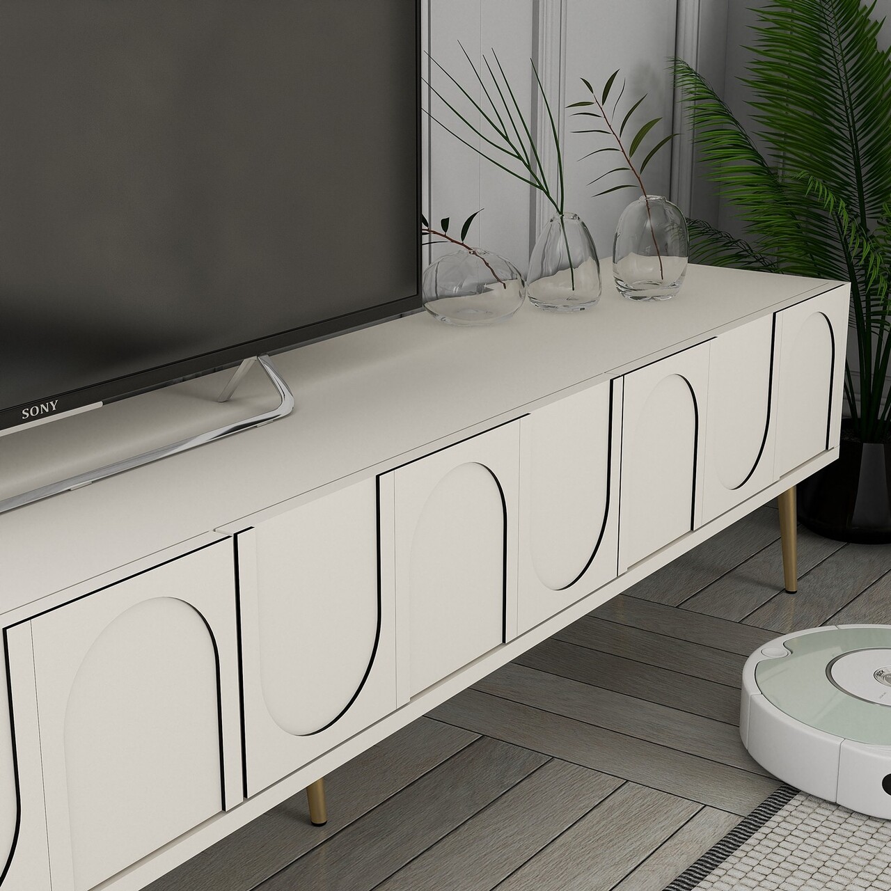 Comoda TV, Hanah Home, Lyon 2, 180x43x35 cm, Crem / Aur - imagine 4