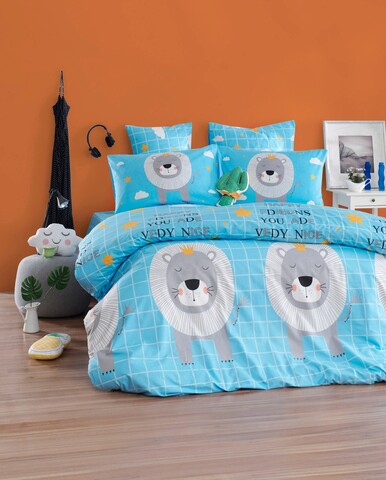Lenjerie de pat dubla 3 piese, aslan kral - blue, enlora home, bumbac ranforce