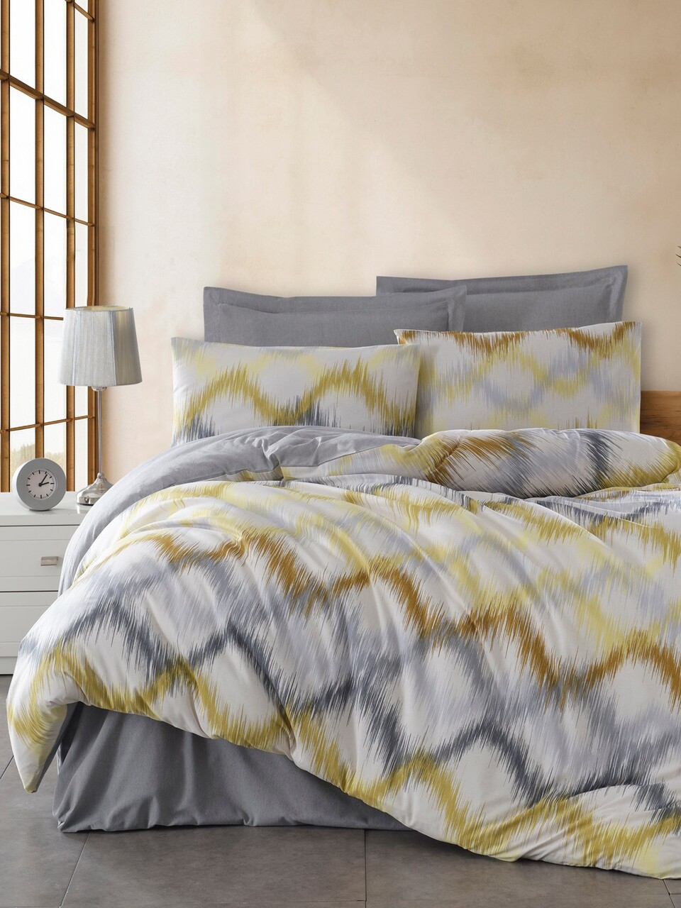 Lenjerie de pat pentru o persoana, Beat - Grey, Yellow, Acasă EnLora, 65% bumbac/35% poliester