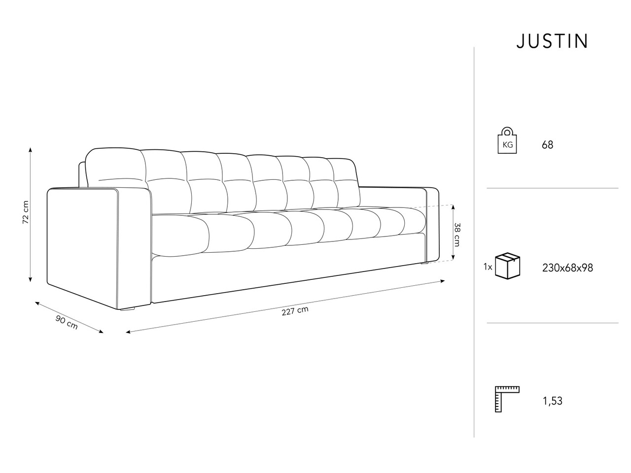 Canapea 4 locuri, Justin, Micadoni Home, BL, 227x90x72 cm, catifea, albastru regal