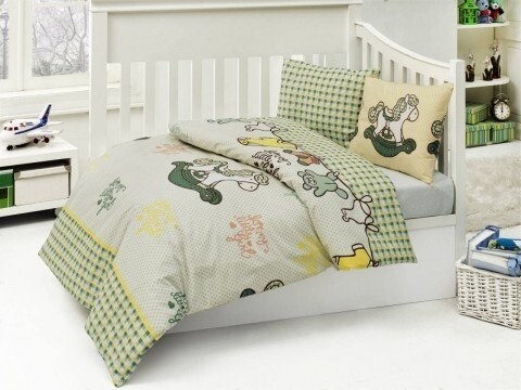 Lenjerie de pat pentru copii, 4 piese, 100% bumbac ranforce, Nazenin Home, Merry, verde