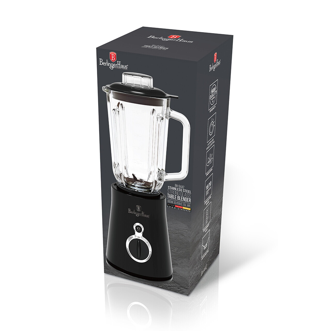 Blender de masa Berlinger Haus, Matte Black, 600W, 1.5 L, plastic/sticla, negru/transparent - imagine 4