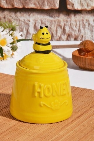 Borcan cu capac si lingura pentru miere, Kosova, Yellow Black, ceramica, 14 cm