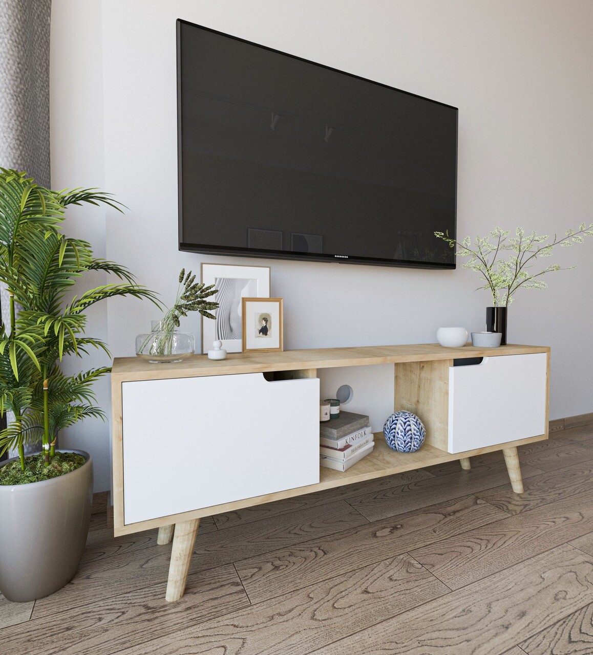 Comoda TV, Hanah Home, Siena, 139.7x53x53 cm, PAL, Stejar Safir / Alb - imagine 2