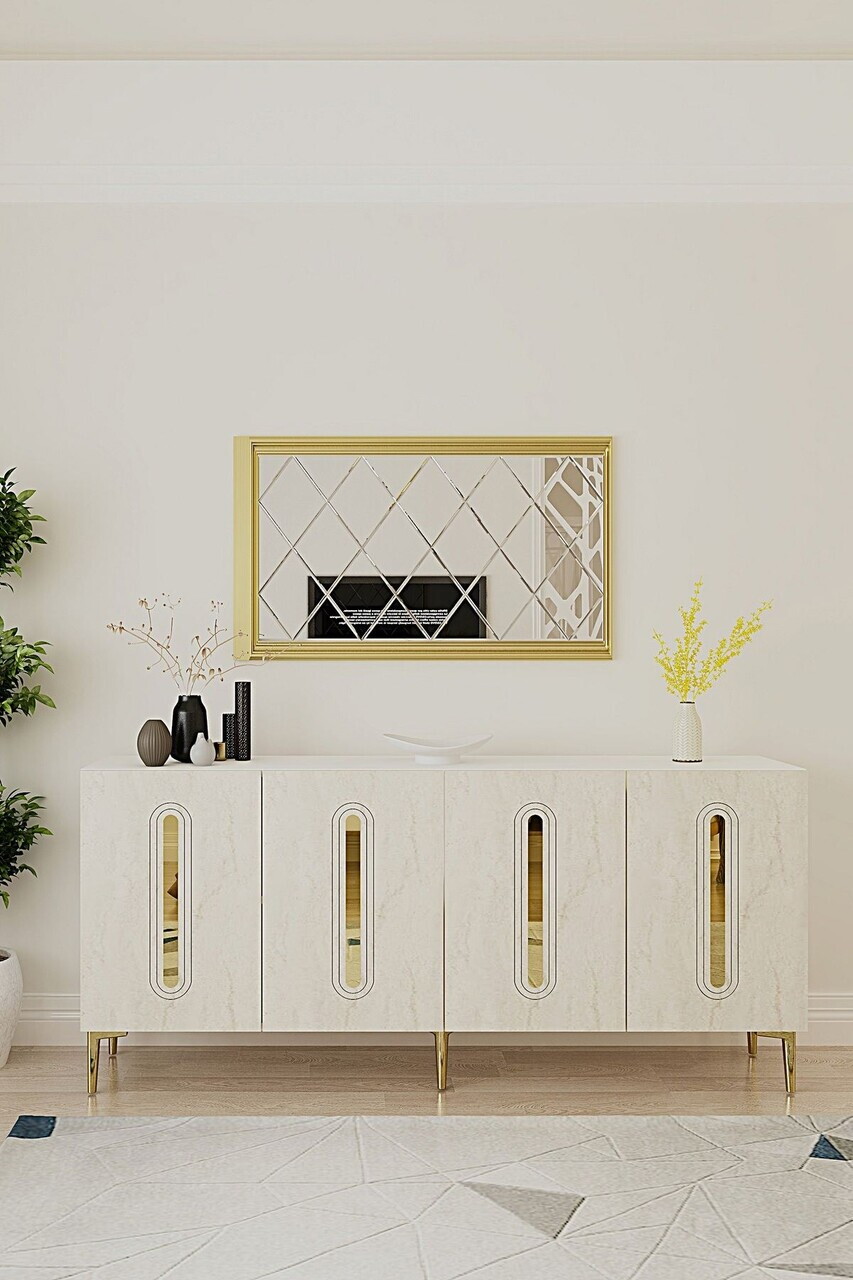 Consola, Hanah Home, Rany 180, 180x75x32 cm, White / Travertine / Gold — imaginea 2
