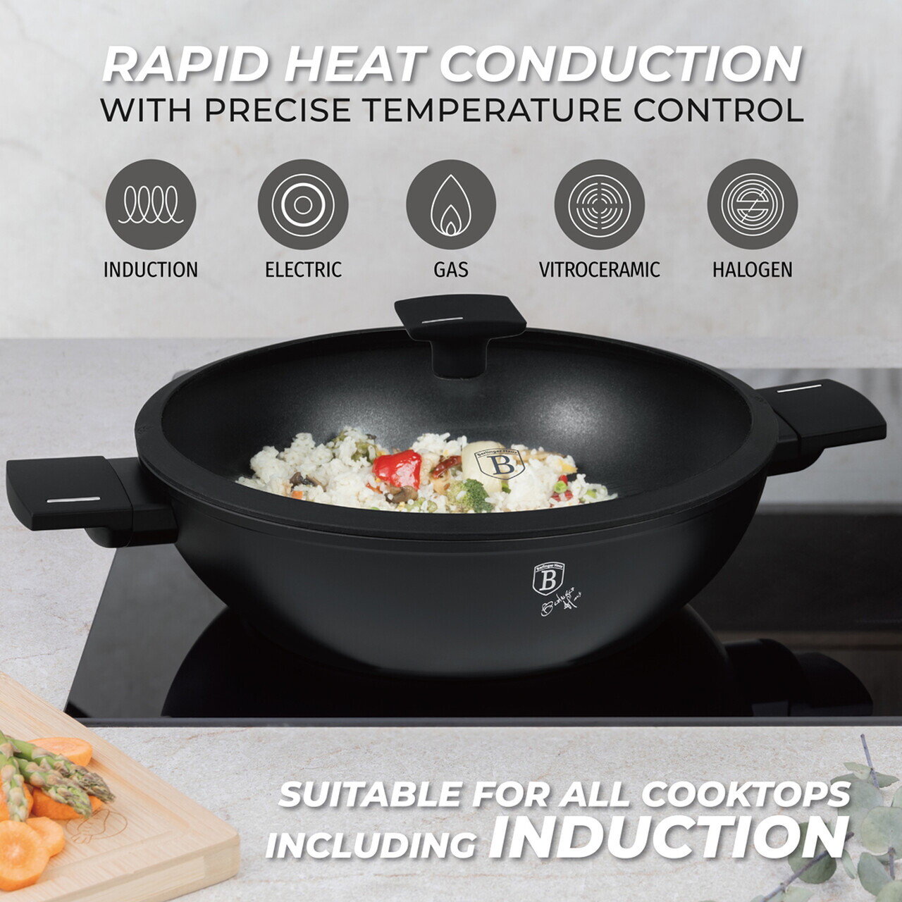 Tigaie Wok cu capac Berlinger Haus, Matte Black, 30 cm, aluminiu forjat, negru - imagine 9