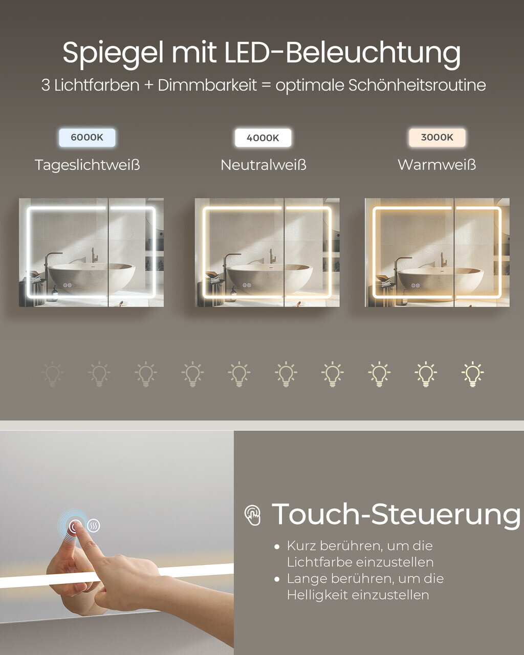 Dulap baie cu oglinda, Vasagle, iluminare LED, functie anti-aburire, prize, 80x16.5x75 cm, PAL/MDF, alb - imagine 3