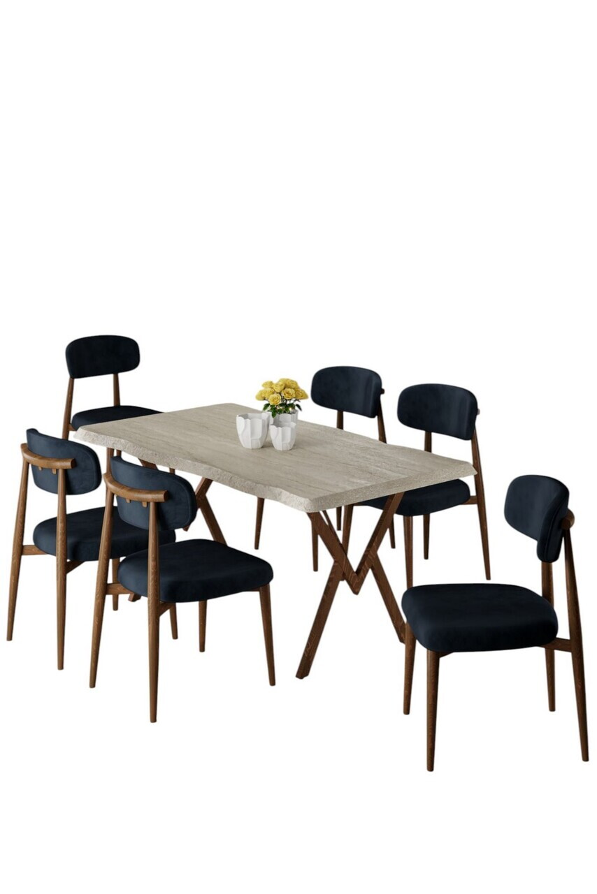 Set masa si scaune (7 piese), Hanah Home, Zerra, Travertin / Aspect de lemn / Antracit — imaginea 2