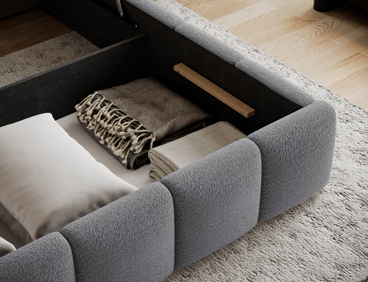 Pat tapitat cu somiera si lada depozitare, 160x200 cm, ELTAP, 162-CO-WF-1.6, Edvige, lemn/poliester, gri - view 7
