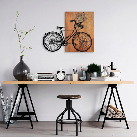 Decoratiune de perete, historical floral bike, lemn/metal, dimensiune: 88 x 70 cm, nuc / negru