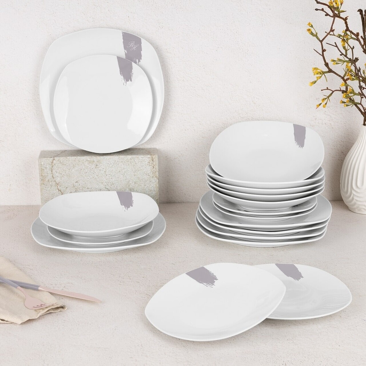 Serviciu de masa 18 piese Berlinger Haus, Taupe, portelan, alb/taupe - imagine 6