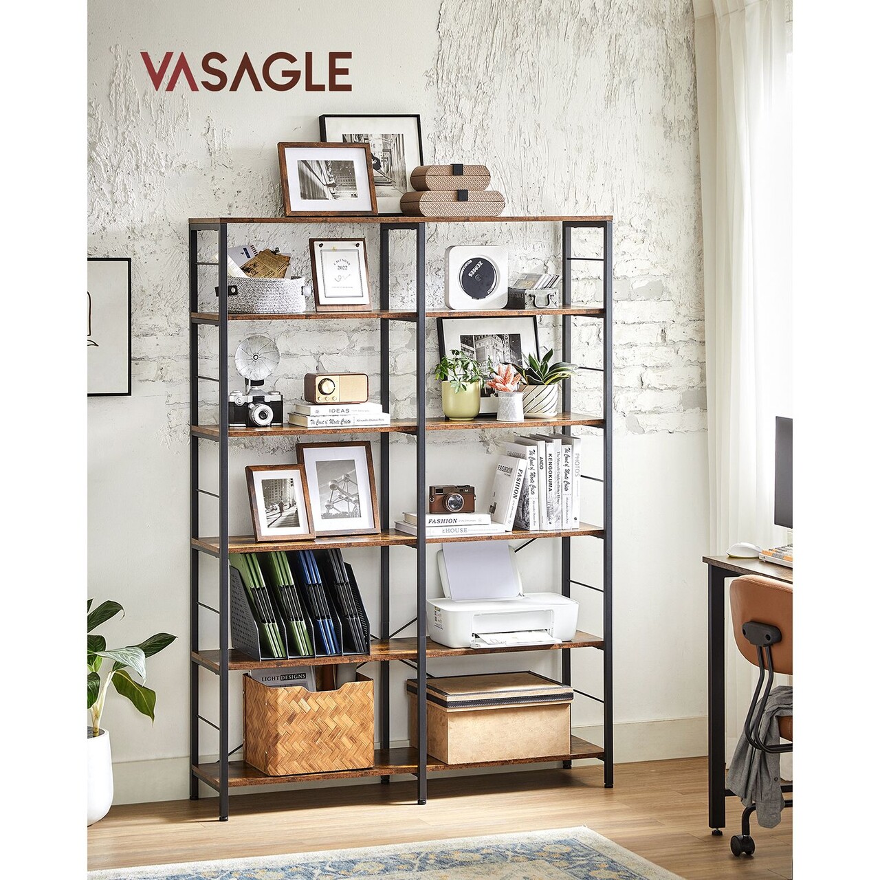 Biblioteca cu 6 rafturi, Vasagle, Industrial, 120x30x172.5 cm. PAL/otel, maro