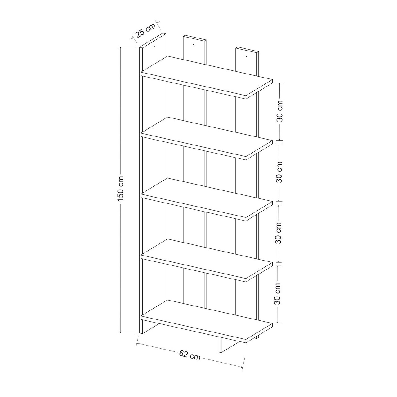 Corp biblioteca, Olivia, Elas, 62x150x25 cm, PAL, Stejar alb / safir