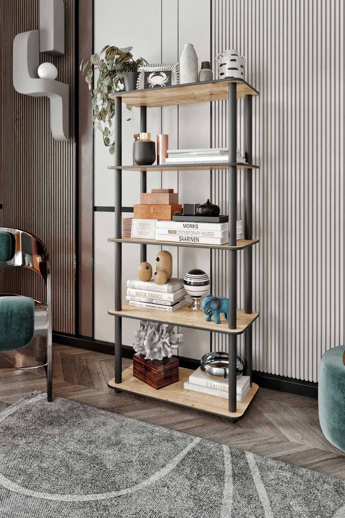Corp biblioteca, Hanah Home, Bookcase 5 Rect, 60x139x30 cm, MDF , Stejar