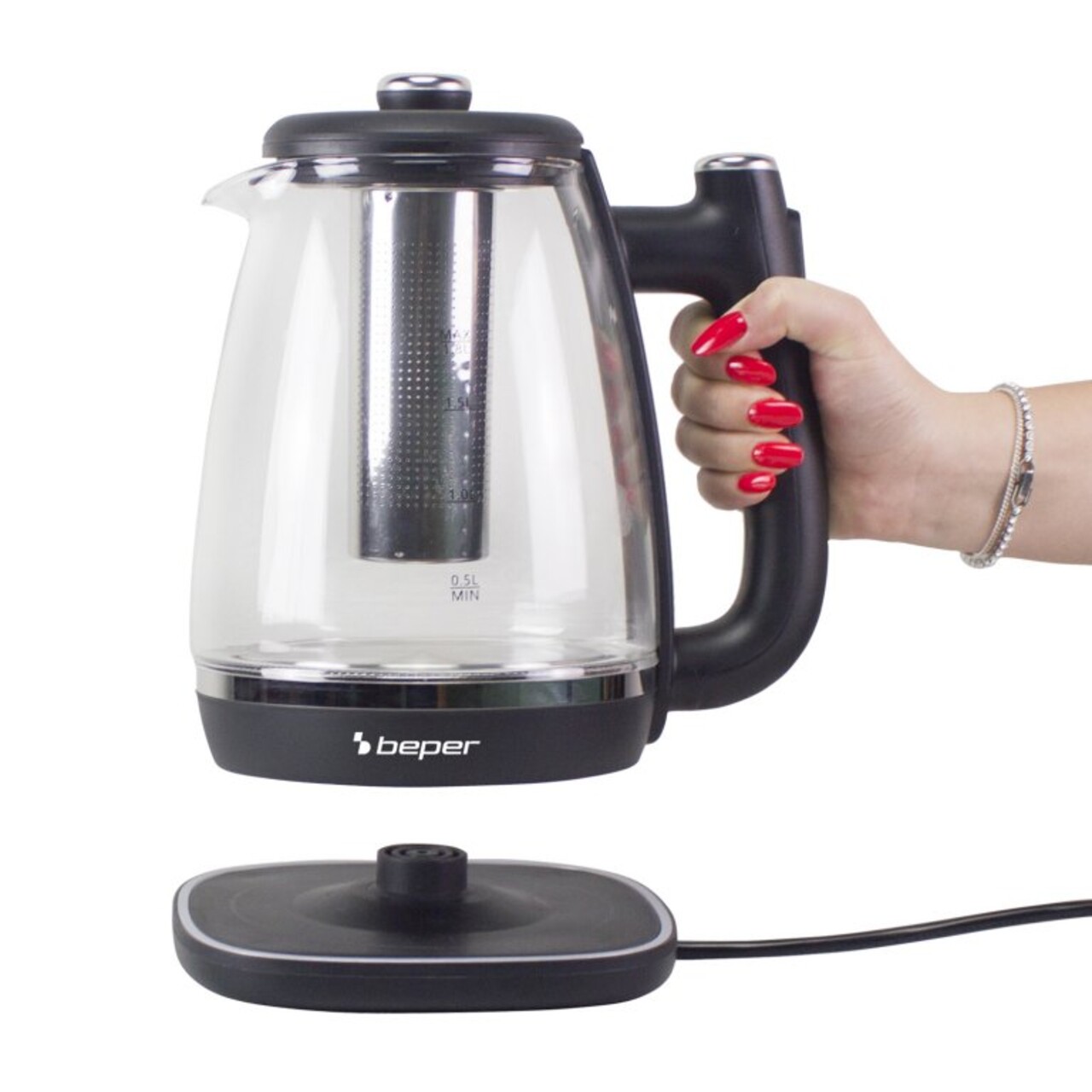 Fierbator 2 in 1 pentru apa si ceai Beper, 1.8 L, 22.5x17x25.5 cm, 2200 W, sticla/plastic/inox, negru/transparent - view 5