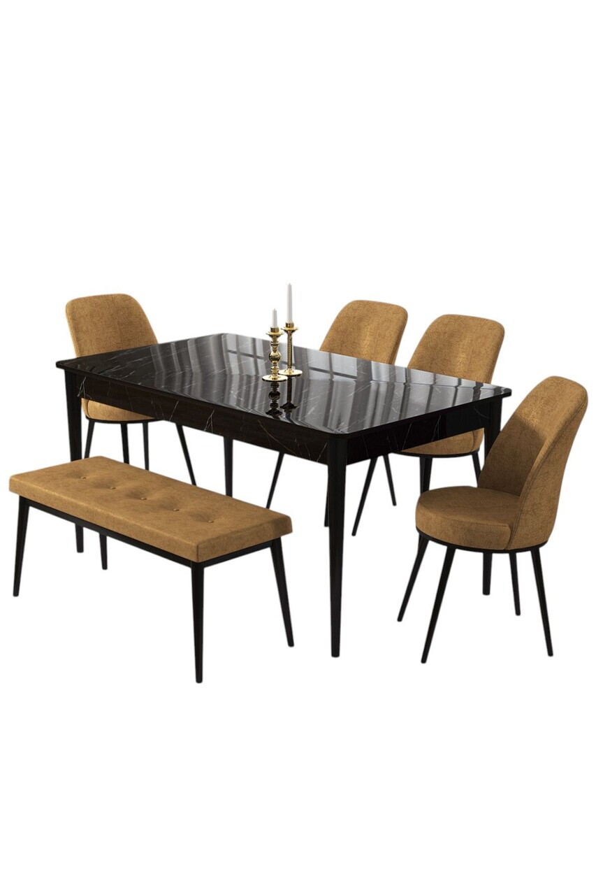 Set masa si 6 scaune, Hanah Home, Pir, Model de marmură neagră / Cappuccino — imaginea 2