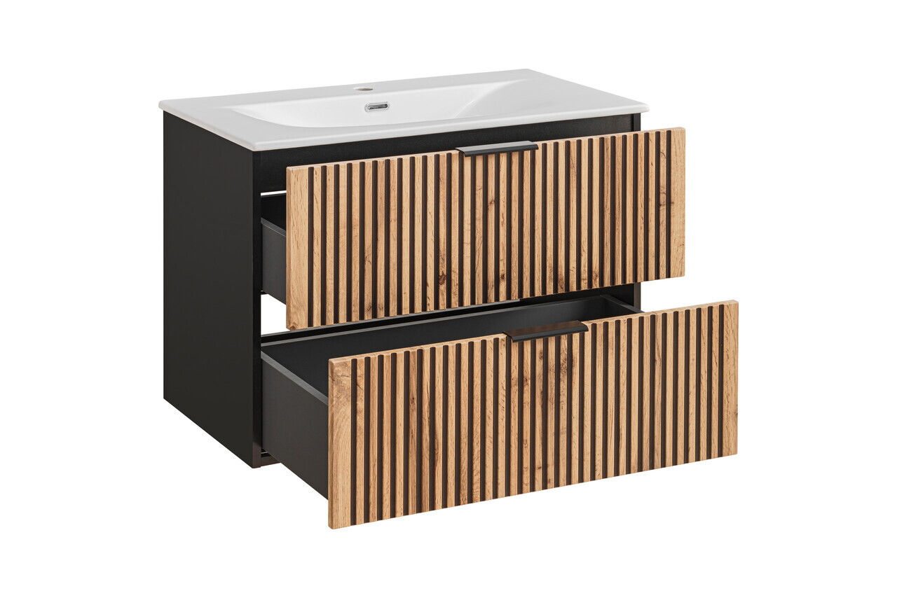 Set dulap de baie cu lavoar si sifon, 80 cm, Xilo, Comad, MDF/PAL laminat, stejar wotan/ gri piatra — imaginea 2
