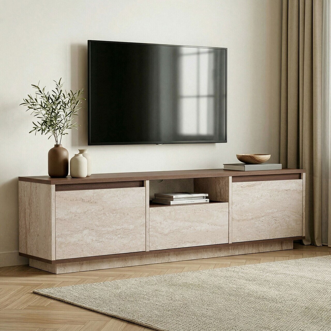 Comoda TV, Nordure, Sentinel, 160x42x30 cm, PAL, Travertin / Nuc Milano