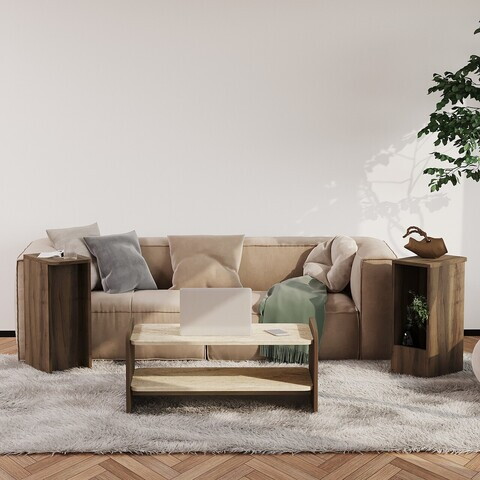 Set masute de cafea, Hanah Home, Amon, PAL melaminat, Travertin / Nuc Antic