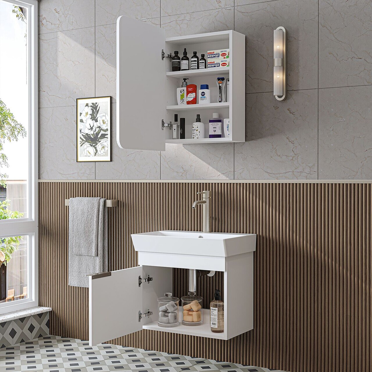 Set Dulap de Baie cu Chiuvetă și Oglindă (2 Piese), Hanah Home, 2916, MDF, Alb — imaginea 4