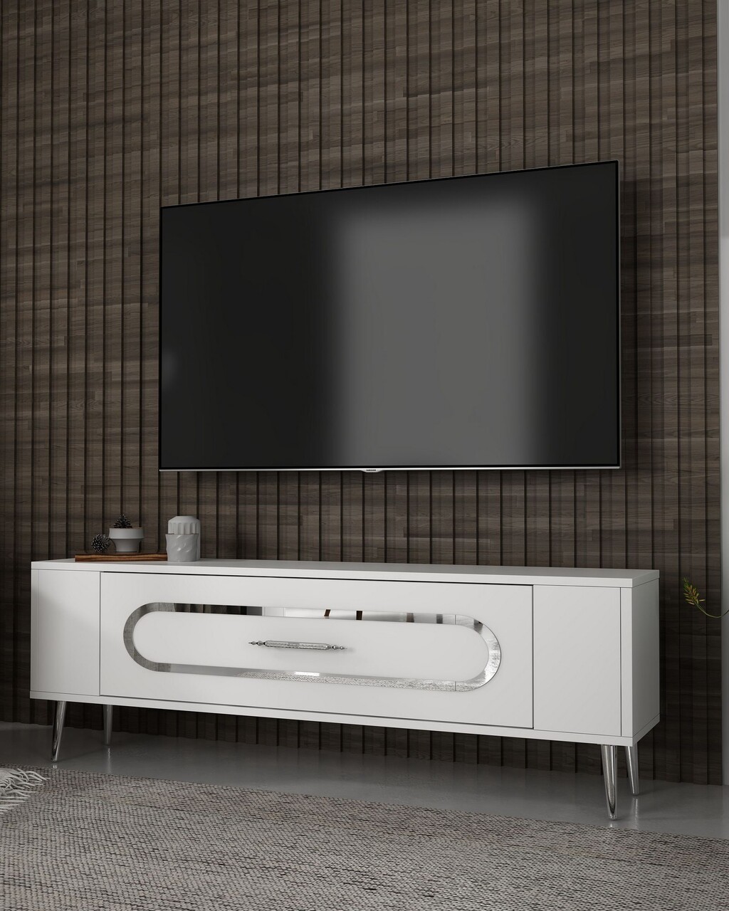 Comoda TV, Olivia, Retrop3, Alb / Argintiu - 1 | YEO