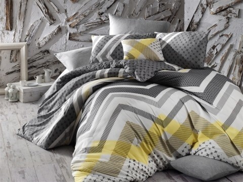 Lenjerie de pat pentru o persoana, 3 piese, amestec bumbac, Nazenin Home, Kerry Grey, alb/gri/galben