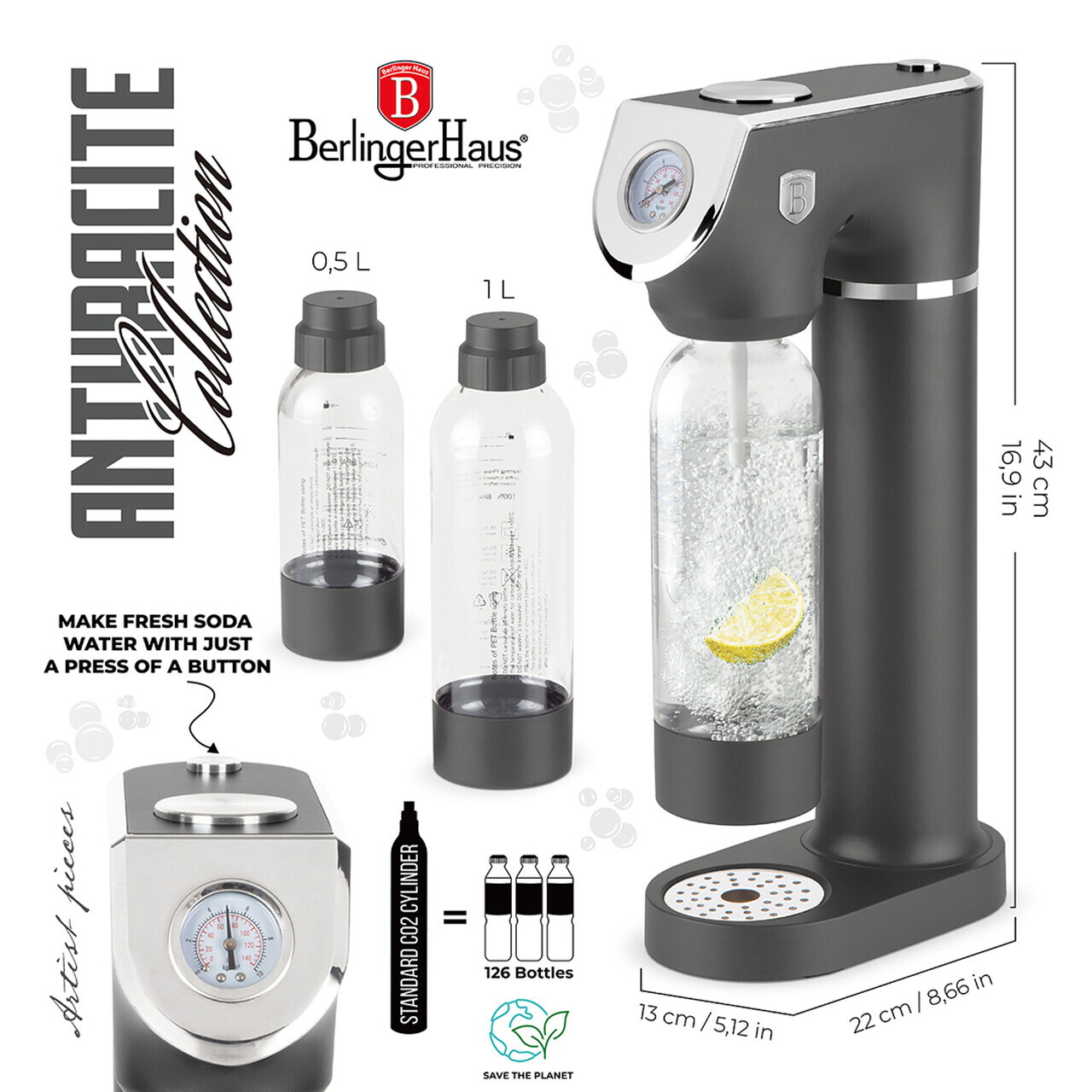 Aparat sifon Berlinger Haus, Anthracite, 22x13x43 cm, 0.5L / 1L, inox/polipropilena, antracit - view 11