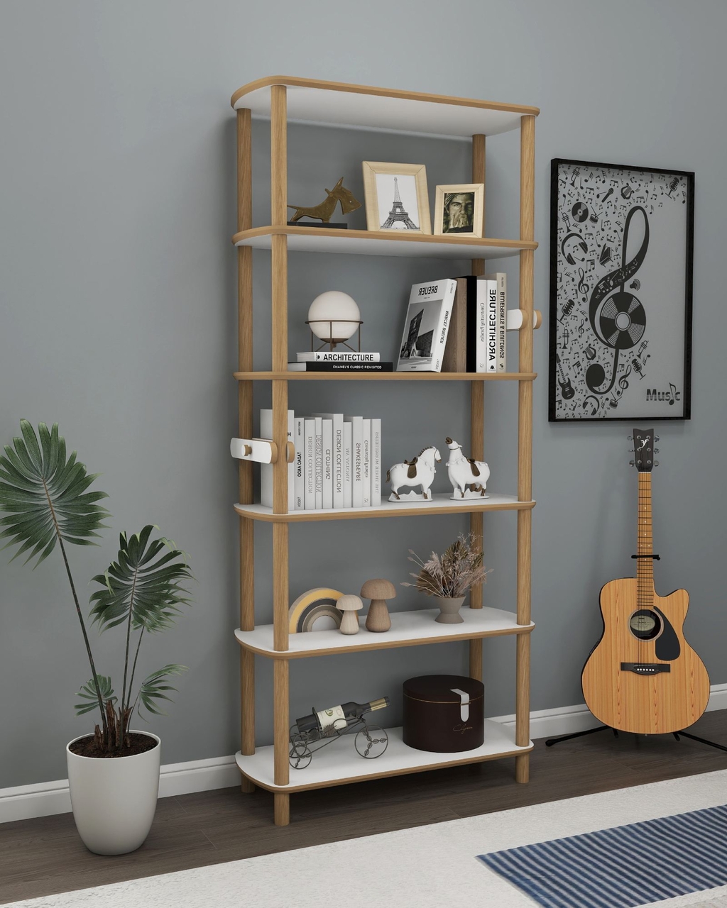 Corp biblioteca, Hanah Home, Rosa 6, 80x174x30 cm, Stejar / Alb