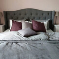 Pat matrimonial tapitat, cu tablie Aspen, Signal, 160x200 cm, textil, gri