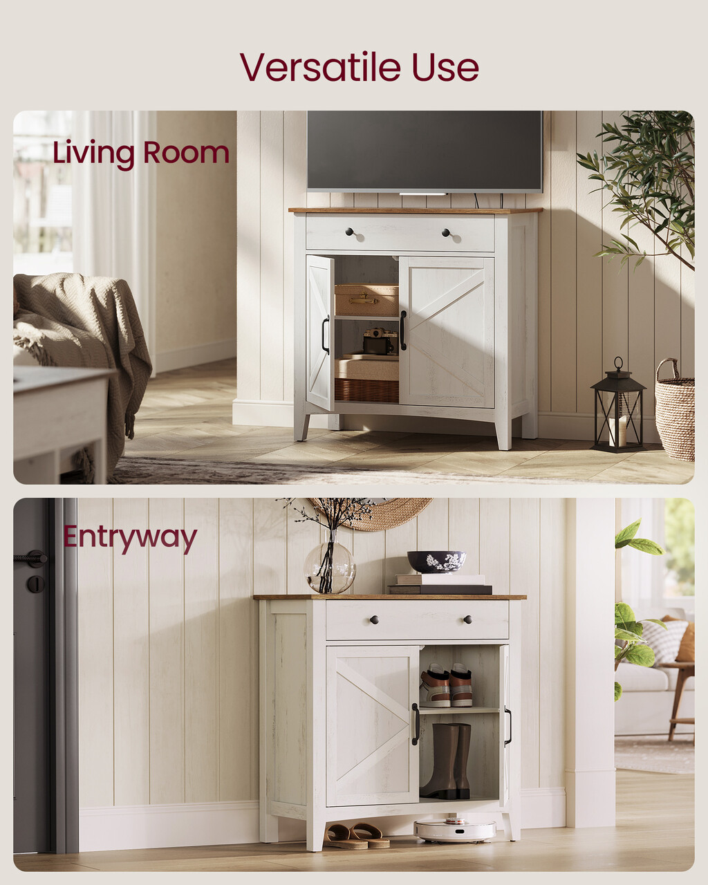 Bufet cu 2 usi si 1 sertar, Vasagle, 80x40x80 cm, MDF/PAL, alb rustic/maro - imagine 4
