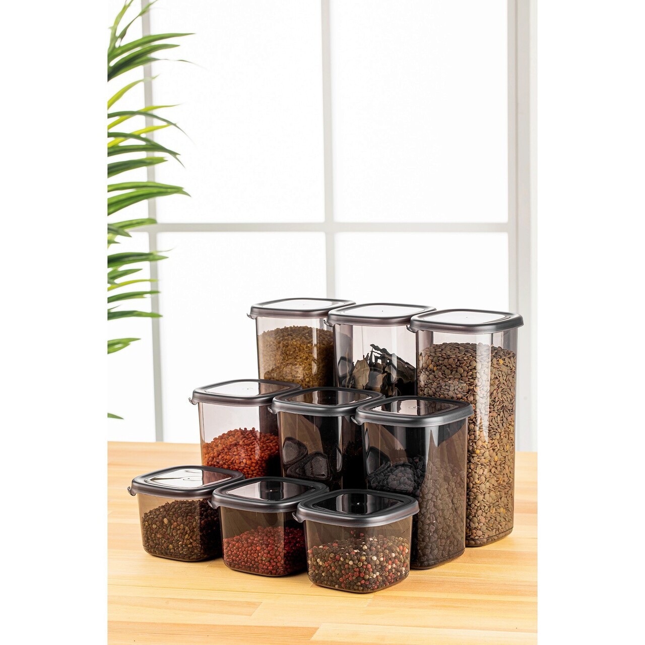 Set recipiente depozitare, Hermia, 964FRM5358, Dimensiune: 10 x 10 x 16,5 cm / 1200 ml (3 bucăți), Antracit
