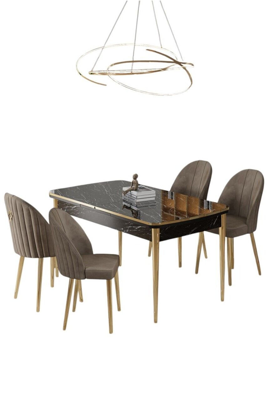 Set masa extensibila si scaune (5 piese), Hanah Home, Rada, Model de marmură neagră / Auriu / Cappuccino — imaginea 2