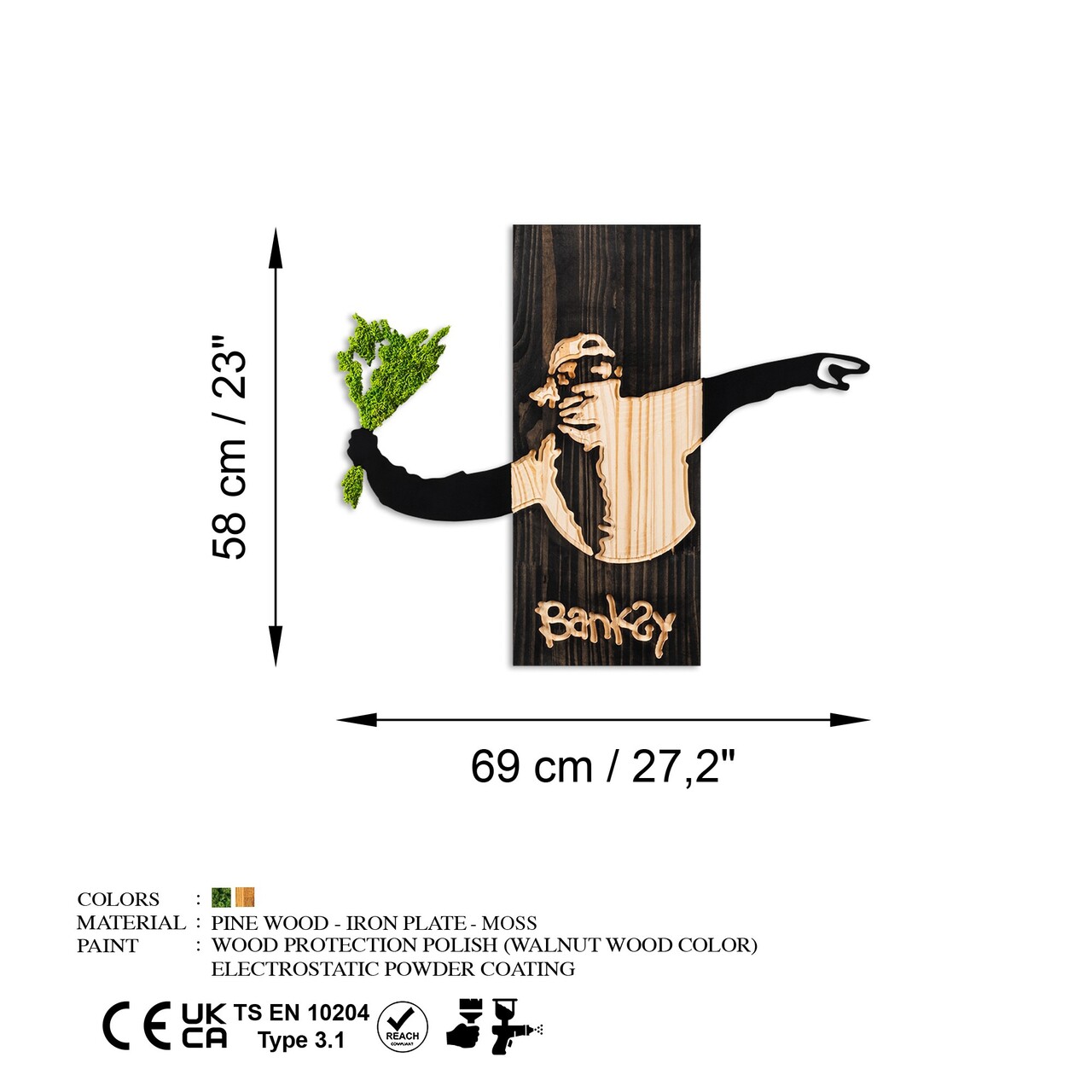 Decoratiune de perete, Banksy, Lățime: 69 cm, Negru / Nuc / Verde - view 7