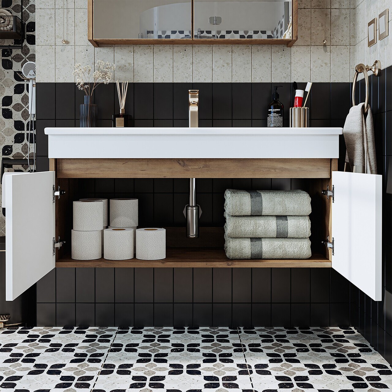 Dulap de baie cu chiuvetă, Hanah Home, 1904, 100x48x45.5 cm, MDF-LAM, Pin Atlantic / Alb Mat — imaginea 4