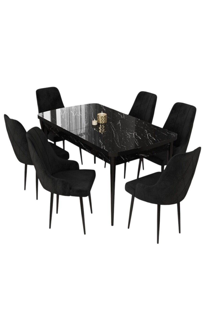 Set masa extensibila si scaune (7 piese), Hanah Home, Eta, Model de marmură neagră / Negru — imaginea 2