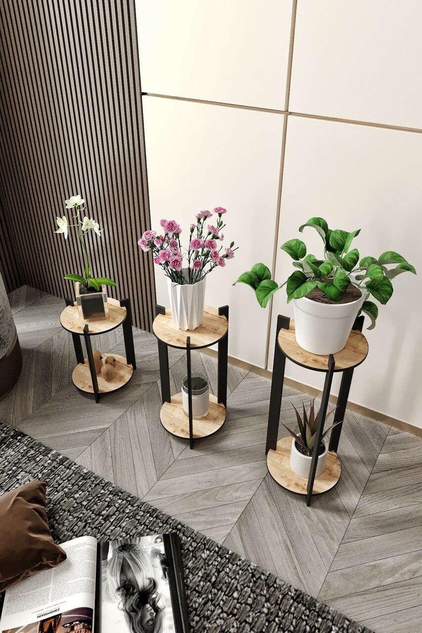 Suport din lemn pentru plante, Poter, Flower Desk Round, MDF , Stejar - 1 | YEO