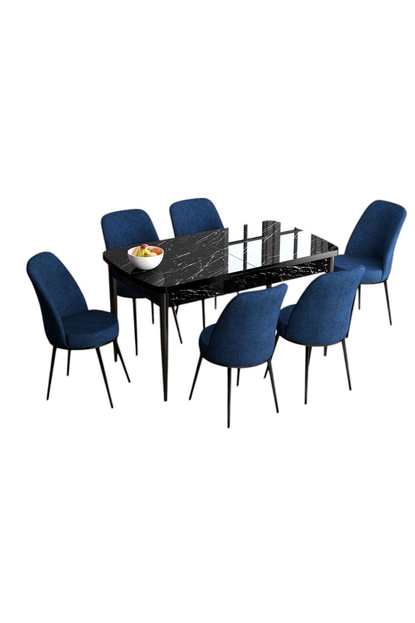 Set masa extensibila si scaune, Hanah Home, Han, Marmură neagră / Albastru marin - view 2