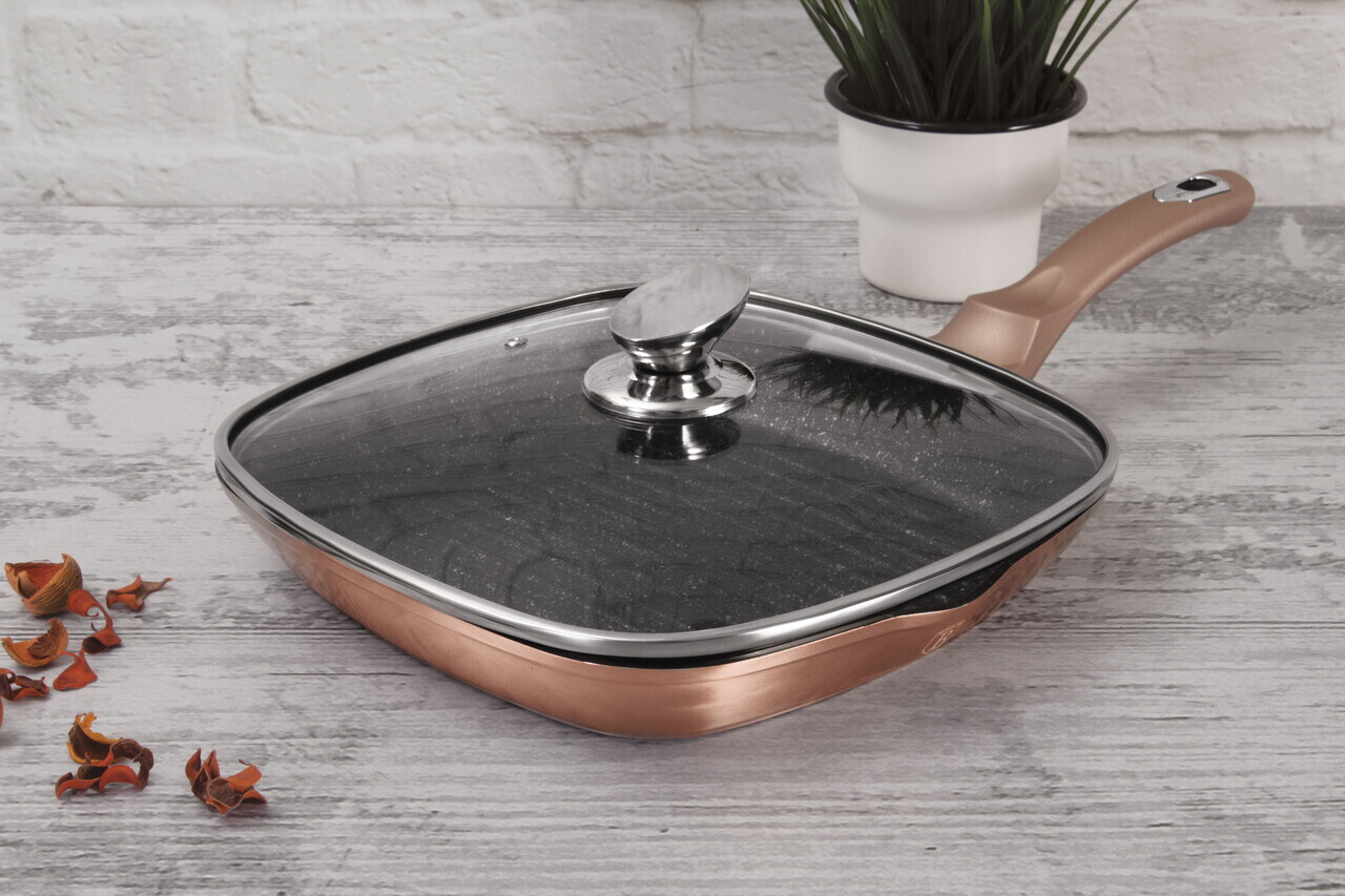 Tigaie grill cu capac Berlinger Haus, Rose Gold, 28 cm, 2.1 L, aluminiu forjat, roz - imagine 3