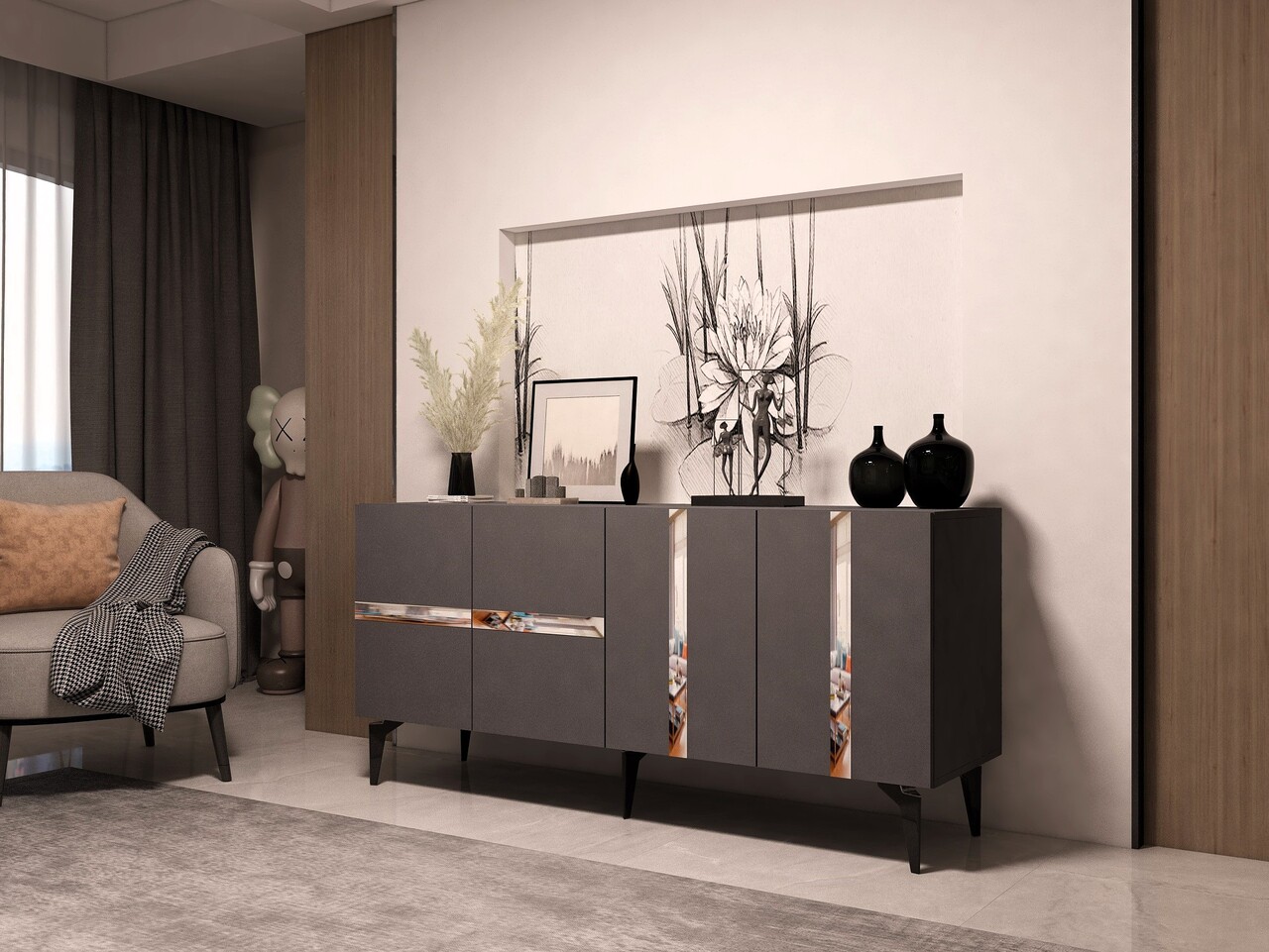 Consola, Olivia, Vania, 150x40x79 cm, PAL , Antracit / Argintiu - 1 | YEO